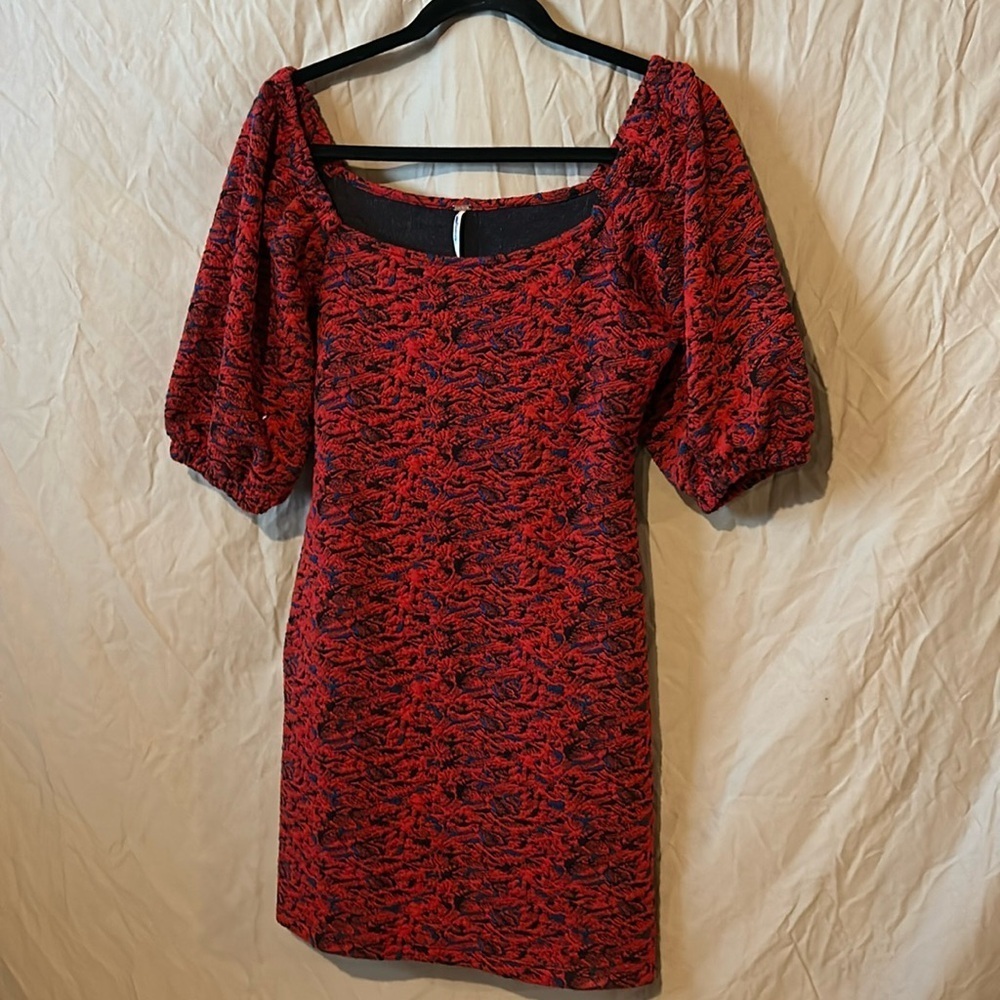 Free People red & blue metallic Sunset puff sleeve cold shoulder mini dr…